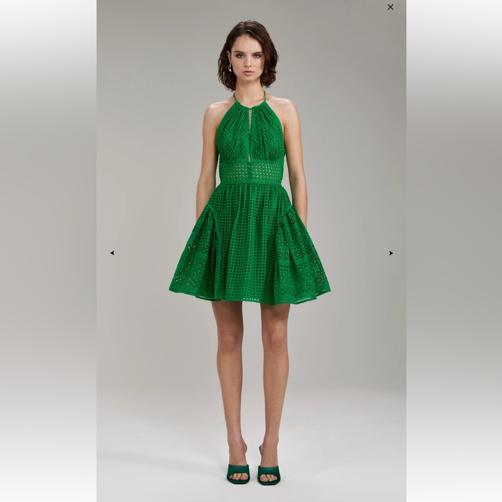 Self Portrait Green Cotton Broderie Anglaise Mini Halter Dress Size 4